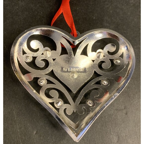 Lenox Christmas Ornament Sparkle And Scroll Multi Crystal Heart Silverplate - Picture 3 of 5
